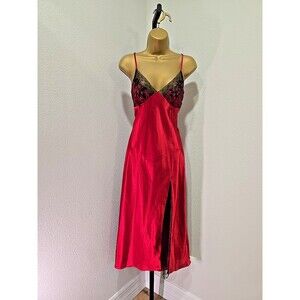Slip Dress Medium Y2K Red Satin Black Lace Beaded Midi Vampy Babydoll Fairy Goth